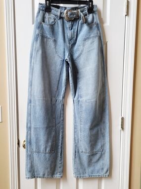 Blank NYC Light Blue Denim Belted Jeans with Silver Buckle